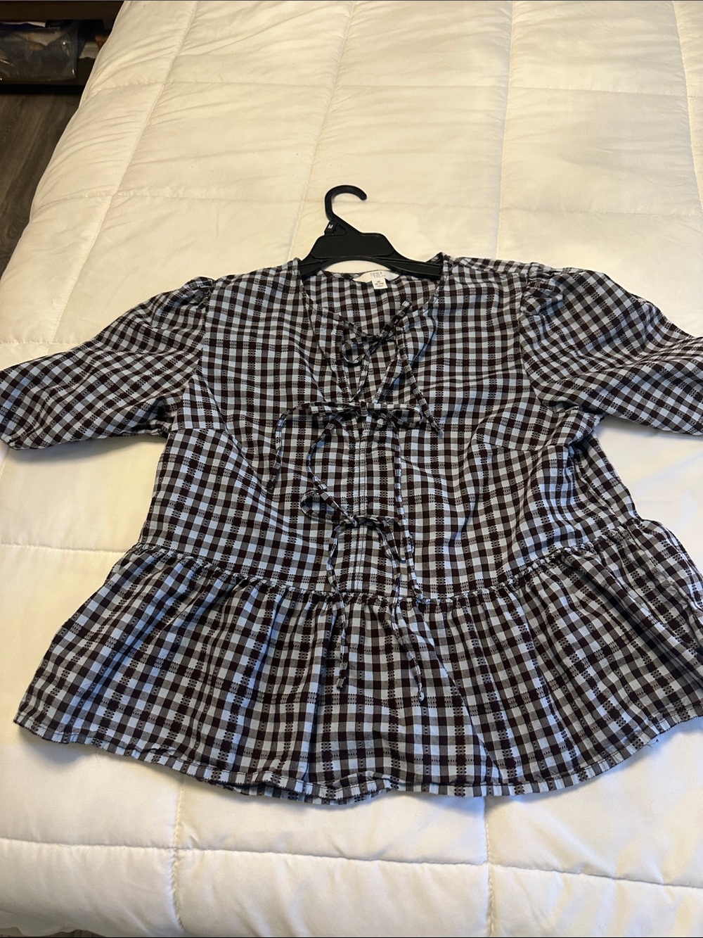 Madewell Black and White Gingham Lace-Up Peplum Blouse - Picture 4 of 6